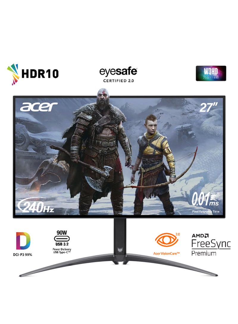 Acer 27-inch WQHD (2560 x 1440) OLED Upto 240Hz IPS (178°x178°) Gaming Monitor | 0.01ms Response Time | 1000 Nits Brightness | Displayport VRR/HDMI VRR/USB Type C VRR | HDR10 | AMD FreeSync Premium Certified | PREDATOR X27U OLED Black | 2 Years Manufacturer Warranty Black - Image 1