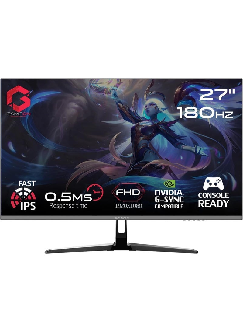 New 2024 1080p Gaming Monitor 27 inch, GOPS27180IPS, FHD IPS, 180Hz Refresh Rate, 0.5ms Response Time, 2.1 HDMI, G-Sync & FreeSync, HDR, Built-in-Speakers, Console Ready Black
