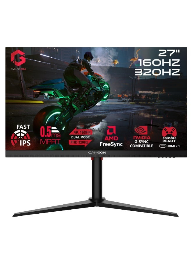 GameOn GOSX27B Dual Switch Series, Black Gaming Monitor 27 inch, 3840x2160p 4K UHD / 1920x1080p FHD, Fast IPS Panel, 160Hz / 320Hz, 0.5ms, HDMI 2.1, With Stand, FreeSync & G-Sync, Supports HDR10, PS5, VRR Black  - Image 1