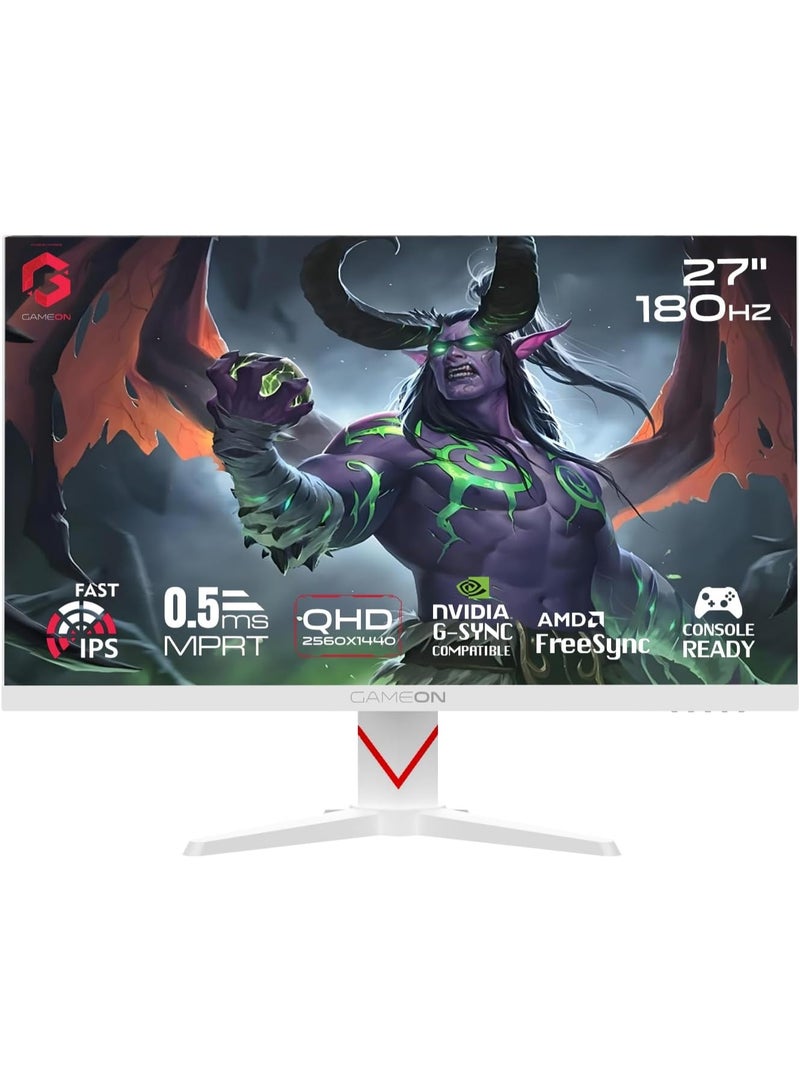 GameOn 27-Inch Dominator Series Gaming Monitor, 2560x1440 QHD IPS, 180Hz Overclocked, HDR400, 0.5ms MPRT, FreeSync & G-Sync, HDMI 2.1 Supported GOAD27QHD180IPS white  - Image 1