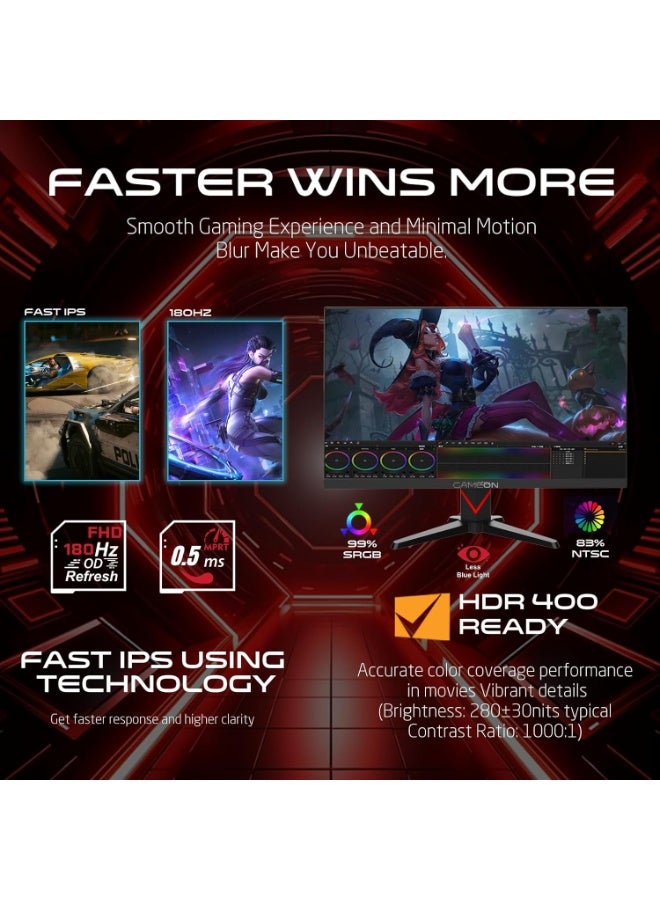 GameOn 24-Inch Dominator Series Gaming Monitor – FHD IPS, 180Hz Overclocked, HDR400, 0.5ms MPRT, FreeSync & G-Sync, HDMI 2.1 Supported GOMM24FHD180IPS Black  - Image 4