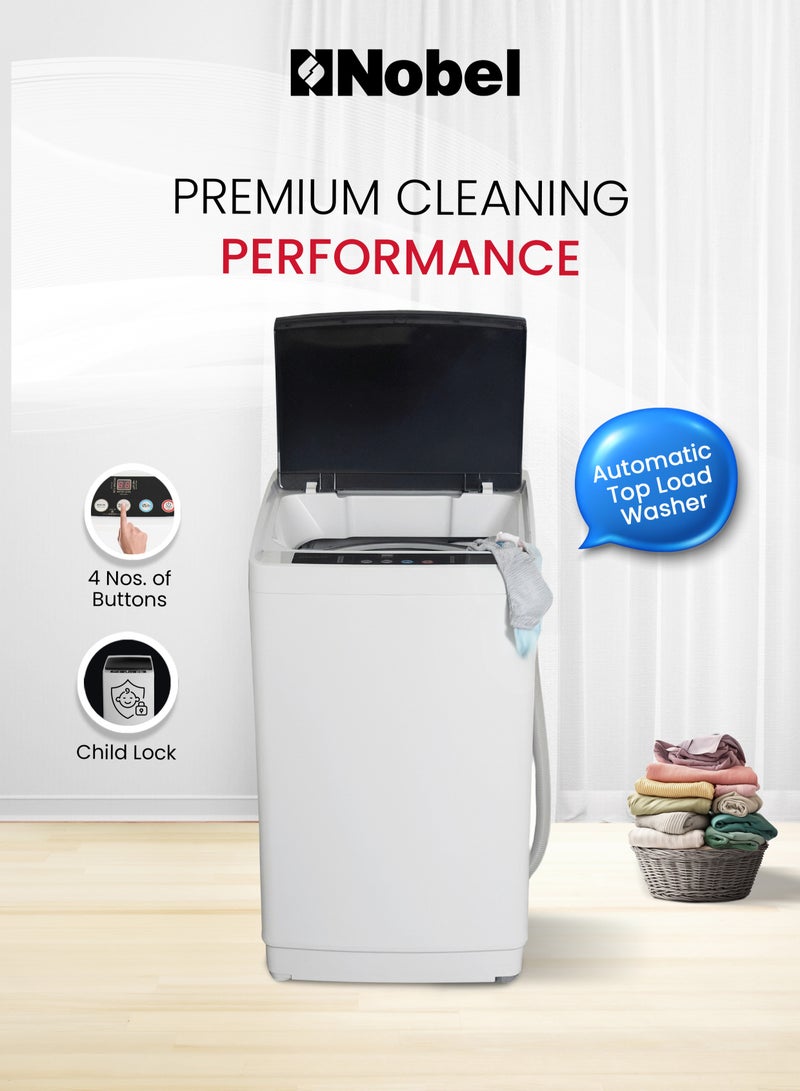 5.0 Kg Fully Automatic Top Load Washing Machine with LED Display, 10 Wash Programs, Stainless Steel Drum, Child Lock, Fuzzy Logic, and 750 RPM Spin Speed – Aluminum Motor, Plastic Body, 400W Power Input, Adjustable Feet, and Cycle End Buzzer for Efficient and Hassle-Free Laundry Experience 5 L 400 W NWM650TW White