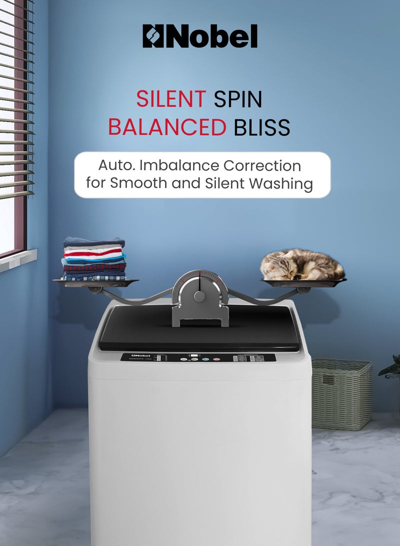 5.0 Kg Fully Automatic Top Load Washing Machine with LED Display, 10 Wash Programs, Stainless Steel Drum, Child Lock, Fuzzy Logic, and 750 RPM Spin Speed – Aluminum Motor, Plastic Body, 400W Power Input, Adjustable Feet, and Cycle End Buzzer for Efficient and Hassle-Free Laundry Experience 5 L 400 W NWM650TW White