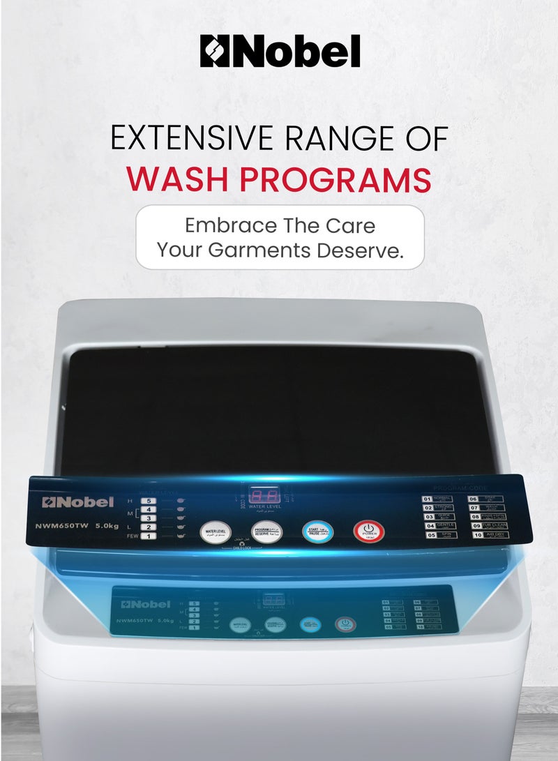 5.0 Kg Fully Automatic Top Load Washing Machine with LED Display, 10 Wash Programs, Stainless Steel Drum, Child Lock, Fuzzy Logic, and 750 RPM Spin Speed – Aluminum Motor, Plastic Body, 400W Power Input, Adjustable Feet, and Cycle End Buzzer for Efficient and Hassle-Free Laundry Experience 5 L 400 W NWM650TW White