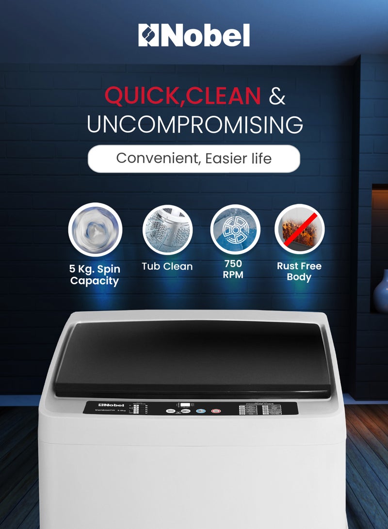 5.0 Kg Fully Automatic Top Load Washing Machine with LED Display, 10 Wash Programs, Stainless Steel Drum, Child Lock, Fuzzy Logic, and 750 RPM Spin Speed – Aluminum Motor, Plastic Body, 400W Power Input, Adjustable Feet, and Cycle End Buzzer for Efficient and Hassle-Free Laundry Experience 5 L 400 W NWM650TW White