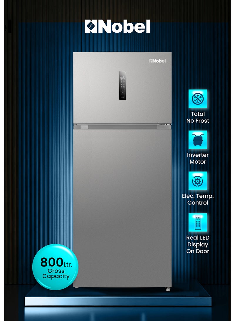 Nobel 800L Double Door Inverter Refrigerator with NoFrost Cooling, Electronic Temp Control, LED Display, Child Lock, Door Alarm, Vacation Mode, Fast Cooling and Freezing, R600a Refrigerant, Energy Efficient, Recessed Handle – Premium Storage with 450L Fridge and 130L Freezer – Inox Finish, Modern and Spacious Design 800 W NR800 grey - Image 1