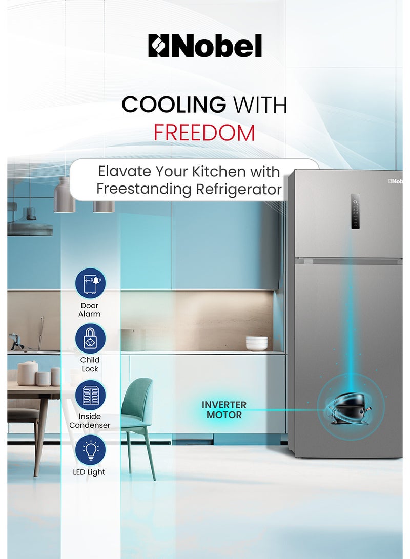 Nobel 800L Double Door Inverter Refrigerator with NoFrost Cooling, Electronic Temp Control, LED Display, Child Lock, Door Alarm, Vacation Mode, Fast Cooling and Freezing, R600a Refrigerant, Energy Efficient, Recessed Handle – Premium Storage with 450L Fridge and 130L Freezer – Inox Finish, Modern and Spacious Design 800 W NR800 grey - Image 5