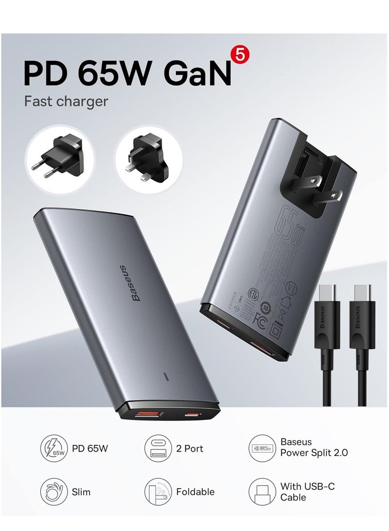 Baseus 65W Ultra-Slim GaN5 USB-C Fast Charger, Dual-Port Flat Wall Travel Adapter with UAE/UK/EU/US Plugs & 100W USB-C Cable, Compact Power Charger for MacBook Pro/Air, iPad Pro/Air, iPhone 16–11 Series, Samsung S25–S22 Ultra, Steam Deck, Laptops And More 65W 2-Port A-C- Grey/Black  - Image 2