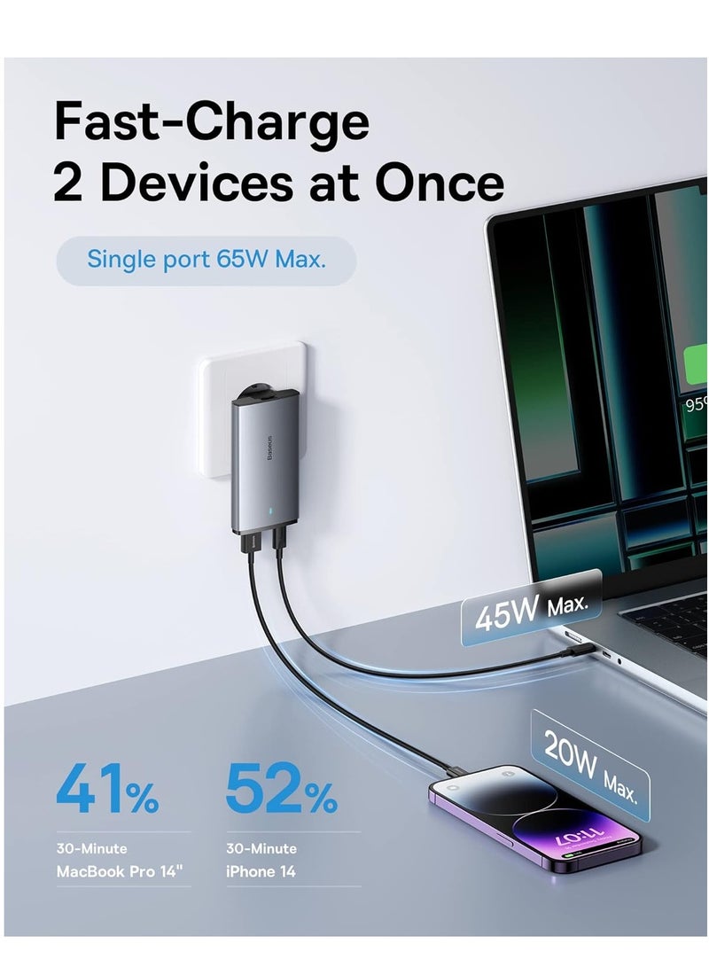Baseus 65W Ultra-Slim GaN5 USB-C Fast Charger, Dual-Port Flat Wall Travel Adapter with UAE/UK/EU/US Plugs & 100W USB-C Cable, Compact Power Charger for MacBook Pro/Air, iPad Pro/Air, iPhone 16–11 Series, Samsung S25–S22 Ultra, Steam Deck, Laptops And More 65W 2-Port A-C- Grey/Black  - Image 3