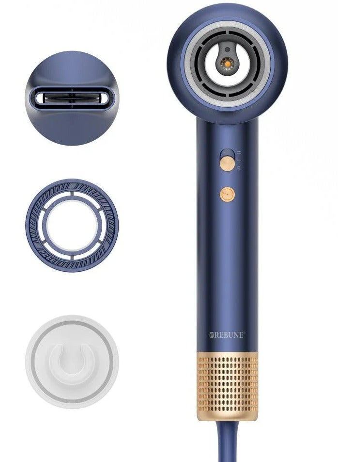 REBUNE Ion Hair Dryer with High-Speed BLDC Motor, Smart Temperature Sensor, 1400 Watts Power, and Fragrance Disc blue  - Image 1