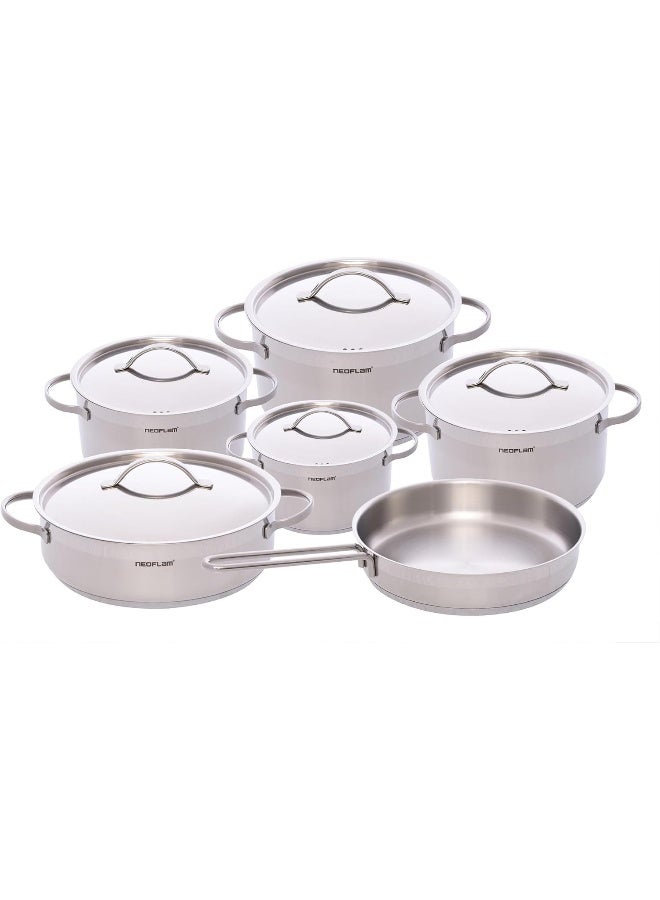 نيو فلام Stainless Steel Cookware Set, 11 Pieces silver Stockpot 18,22,24,28Cm+Low Stockpot 26cm+Frying Pan 24cm - Image 1
