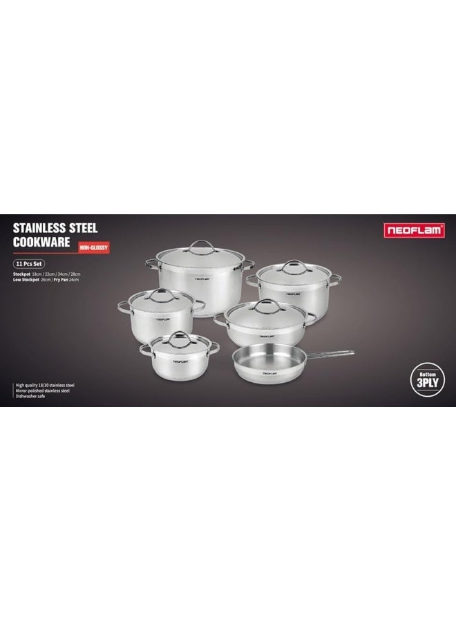 نيو فلام Stainless Steel Cookware Set, 11 Pieces silver Stockpot 18,22,24,28Cm+Low Stockpot 26cm+Frying Pan 24cm - Image 5