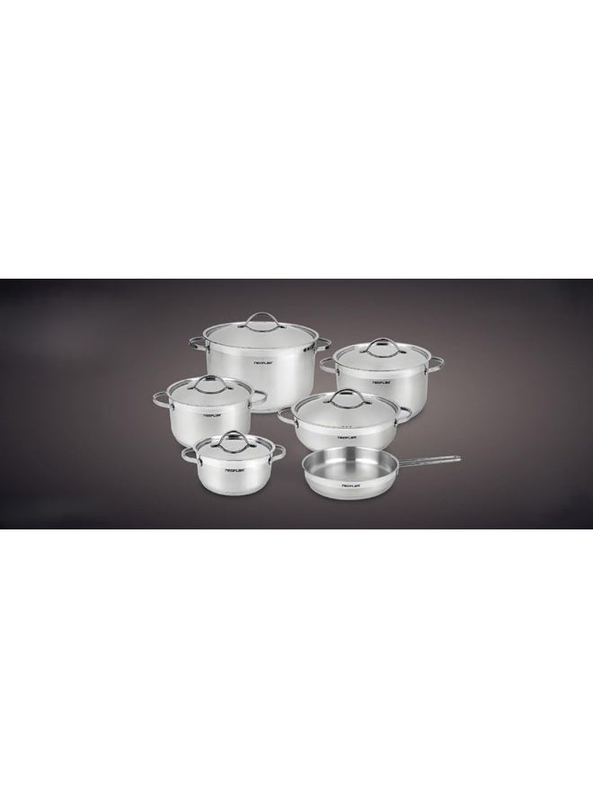 نيو فلام Stainless Steel Cookware Set, 11 Pieces silver Stockpot 18,22,24,28Cm+Low Stockpot 26cm+Frying Pan 24cm - Image 2