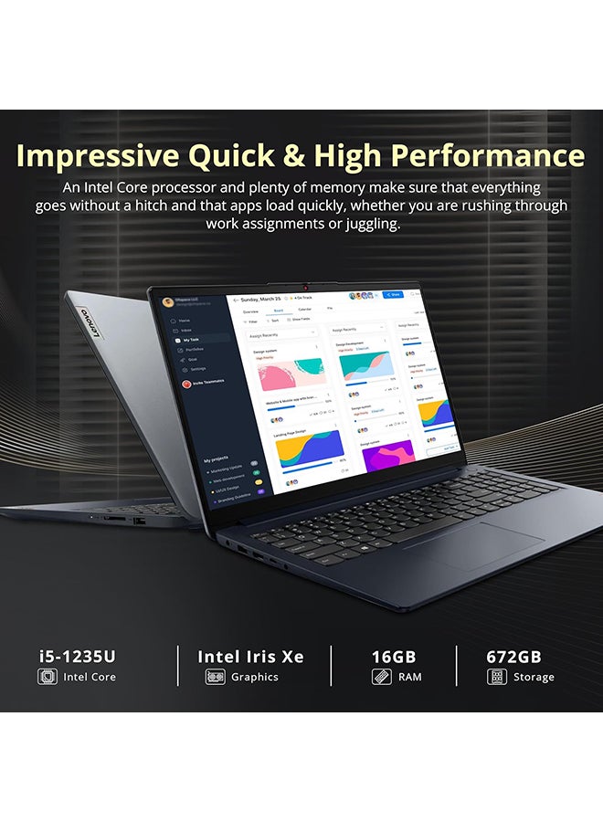 IdeaPad 1i Laptop With 15.6-Inch FHD Touchscreen Display, Core i5 1235U Processor/16GB RAM/672GB Storage(512GB SSD + 160GB Docking Station)/Intel Iris Xe Graphics/Windows 11 Pro English blue