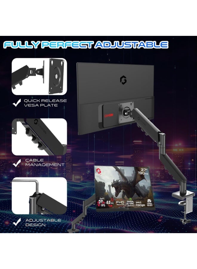 GAMEON GO-5500 Gas Spring Monitor Arm – Single Arm Mount for 17"-32" Monitors, Supports Up to 9kg, Full Motion Adjustment, VESA 75x75/100x100, Clamp/Grommet Base, Cable Management, Black Black - Image 3