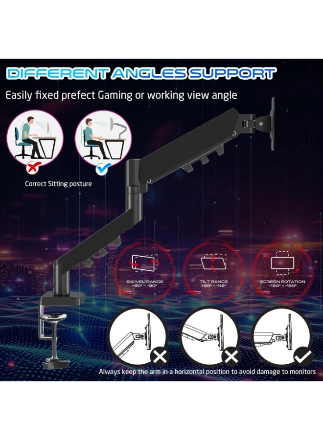 GAMEON GO-5500 Gas Spring Monitor Arm – Single Arm Mount for 17"-32" Monitors, Supports Up to 9kg, Full Motion Adjustment, VESA 75x75/100x100, Clamp/Grommet Base, Cable Management, Black Black - Image 4