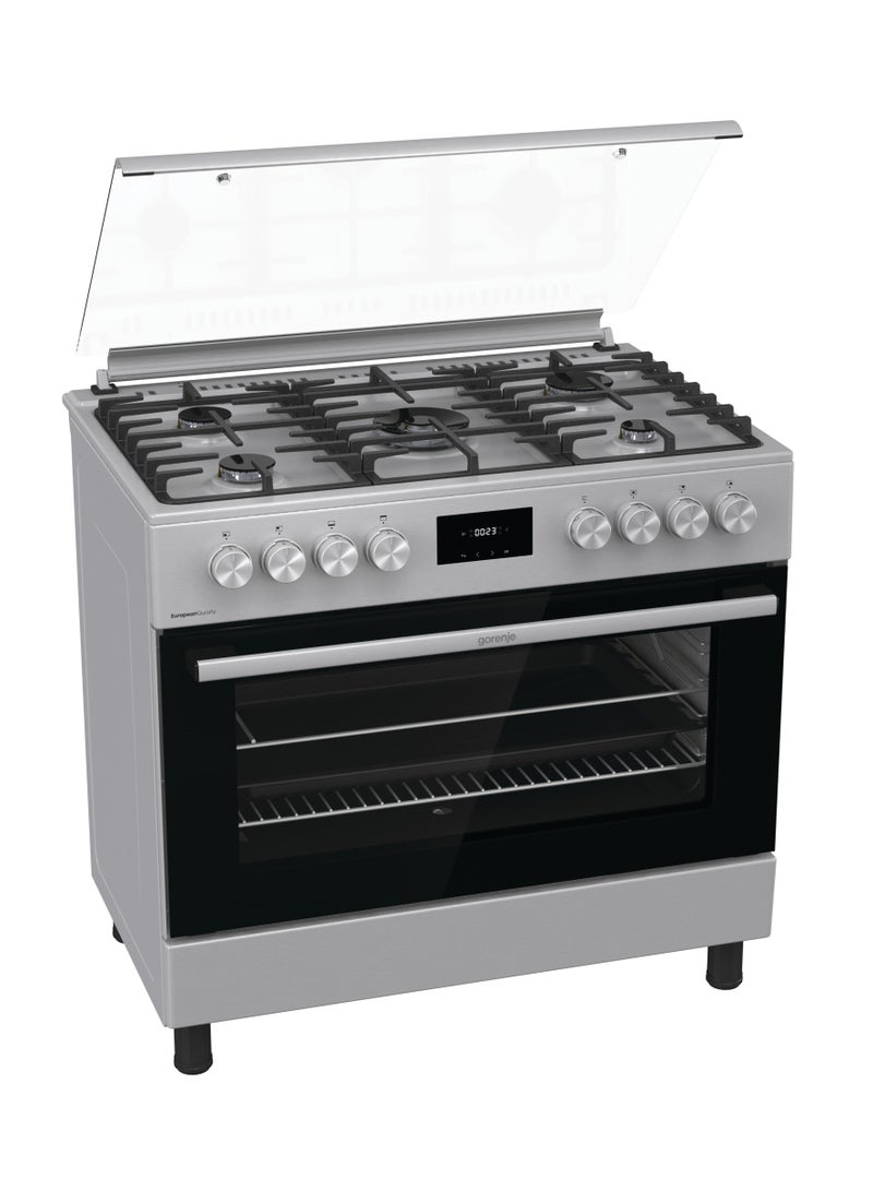 موقد غاز قائم من الفولاذ المقاوم للصدأ بارتفاع 90 سم، 5 شعلات غاز، سعة صافية 92 لتر، فرن متعدد الوظائف مع مروحة، دعم مقلاة من الحديد الزهر، قلاية هوائية