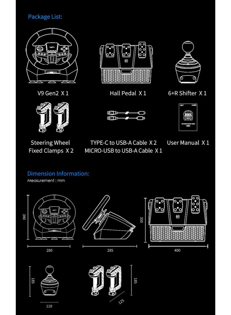 PXN - V9 Gen2 270° / 900° Racing Steering Wheel Bundle with 3-Pedals & 6+R Shifter – Dual Motor Vibration, Hall Effect Pedals, RGB Lights – Multi-Platform for PC, Xbox Series X/S, PS4, PS3, Switch – Magnetic Encoder & Adjustable Clamps - Image 1