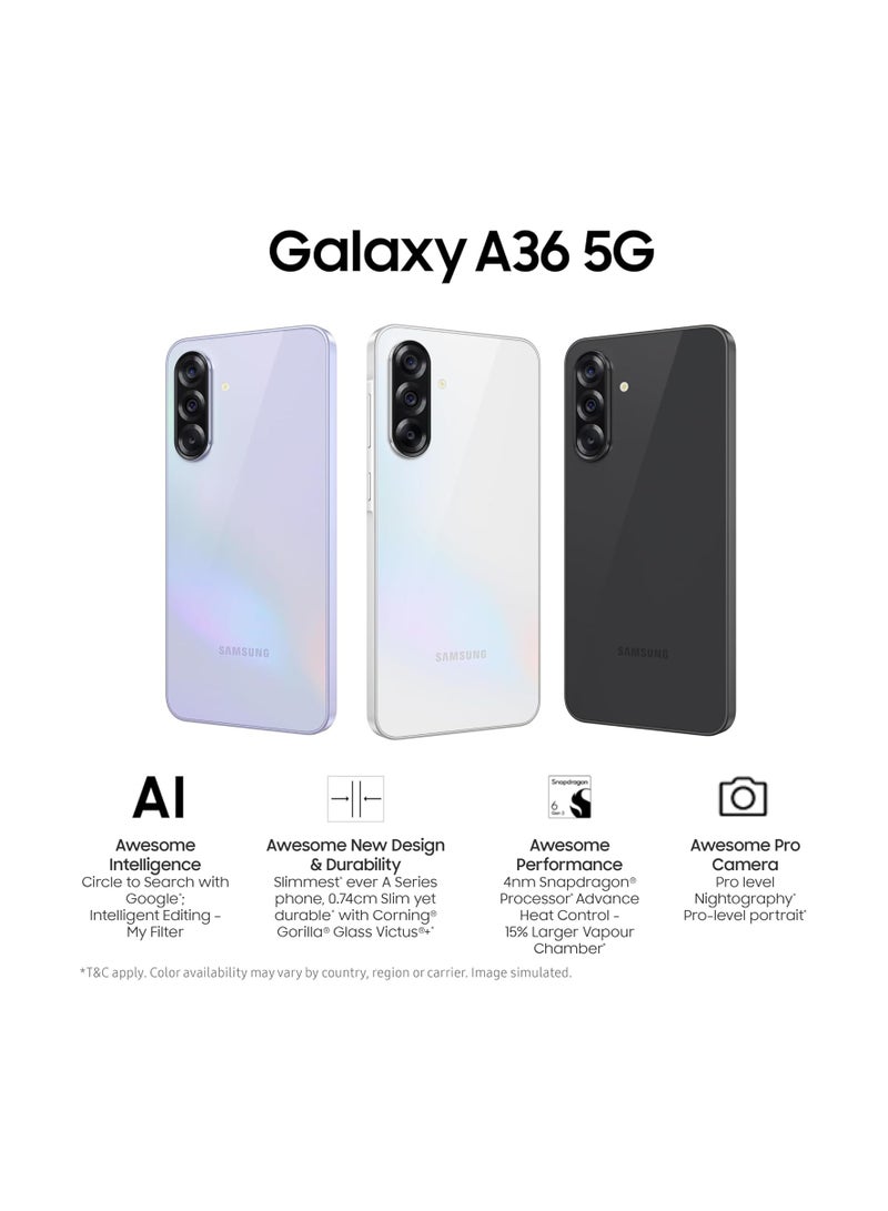 Samsung - Galaxy A36 5G Awesome Black 12GB, 256GB AI Smartphone Circle To Search My Filter Object Eraser 4nm Snapdragon Processor Flagship Grade Selfie Camera - Image 1