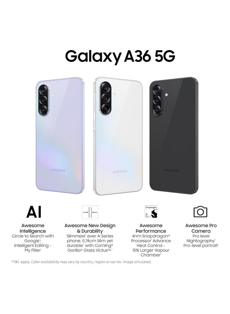 Galaxy A36 5g Awesome Black, 12gb, 256gb Ai Smartphone Circle Search My Filter Object Eraser 4nm Snapdragon Processor Flagship Grade Selfie Camerae