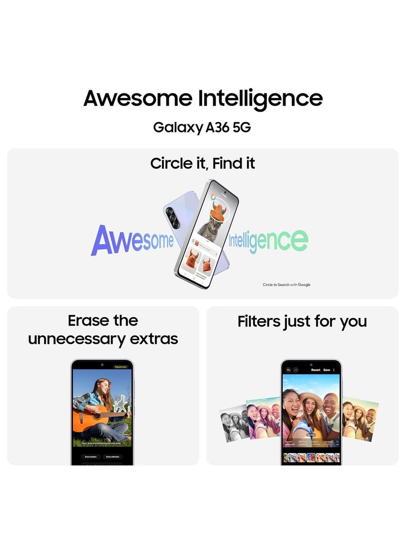Galaxy A36 5g Awesome Black, 12gb, 256gb Ai Smartphone Circle Search My Filter Object Eraser 4nm Snapdragon Processor Flagship Grade Selfie Camerae