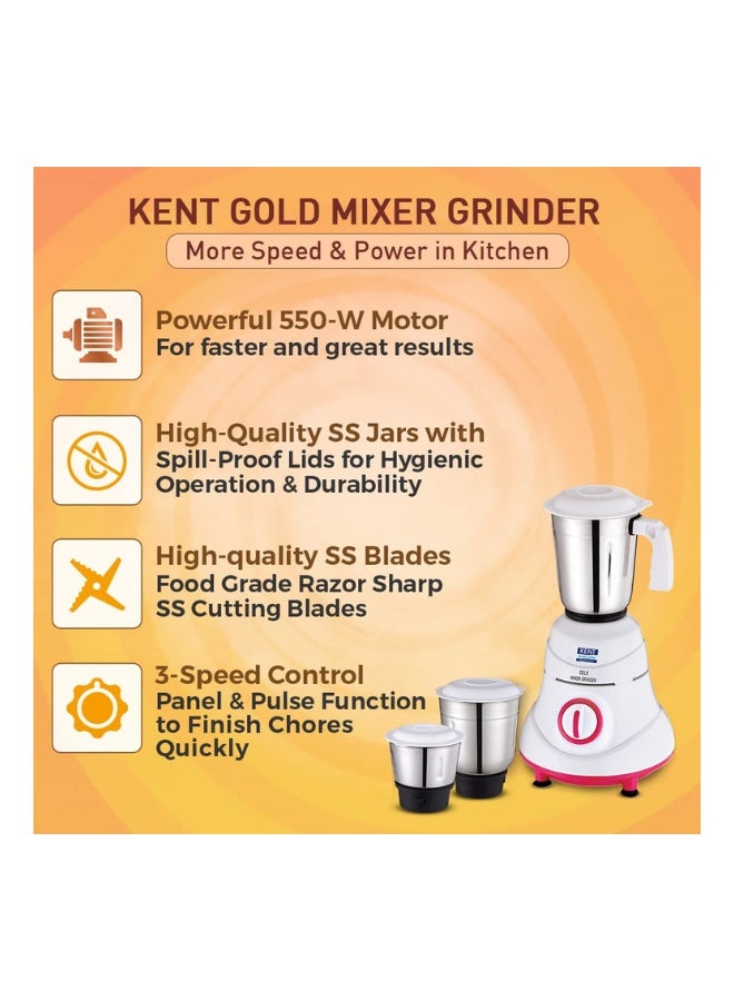 كينت Gold Mixer Grinder – 550W, 3 Stainless Steel Jars 3-Speed Control with Pulse Overheat Protection Compact Design 1.5 L 550 W 16123 white  - Image 3