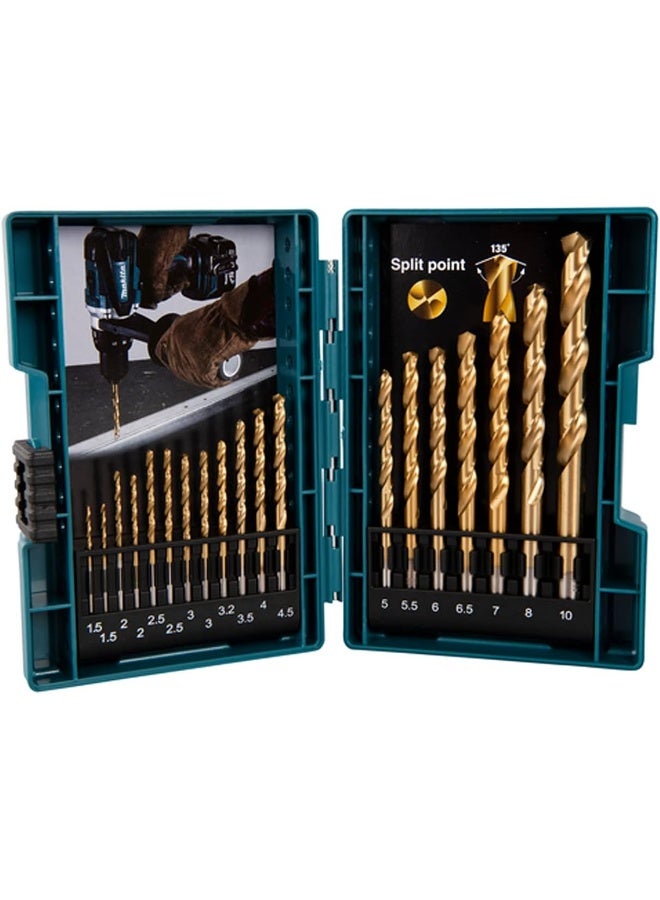 Makita B-67795 19 Piece HSS-TiN Drill Bit Set Gold (Titanium Nitride Coated) Various sizes from 1.5mm to 10mm 