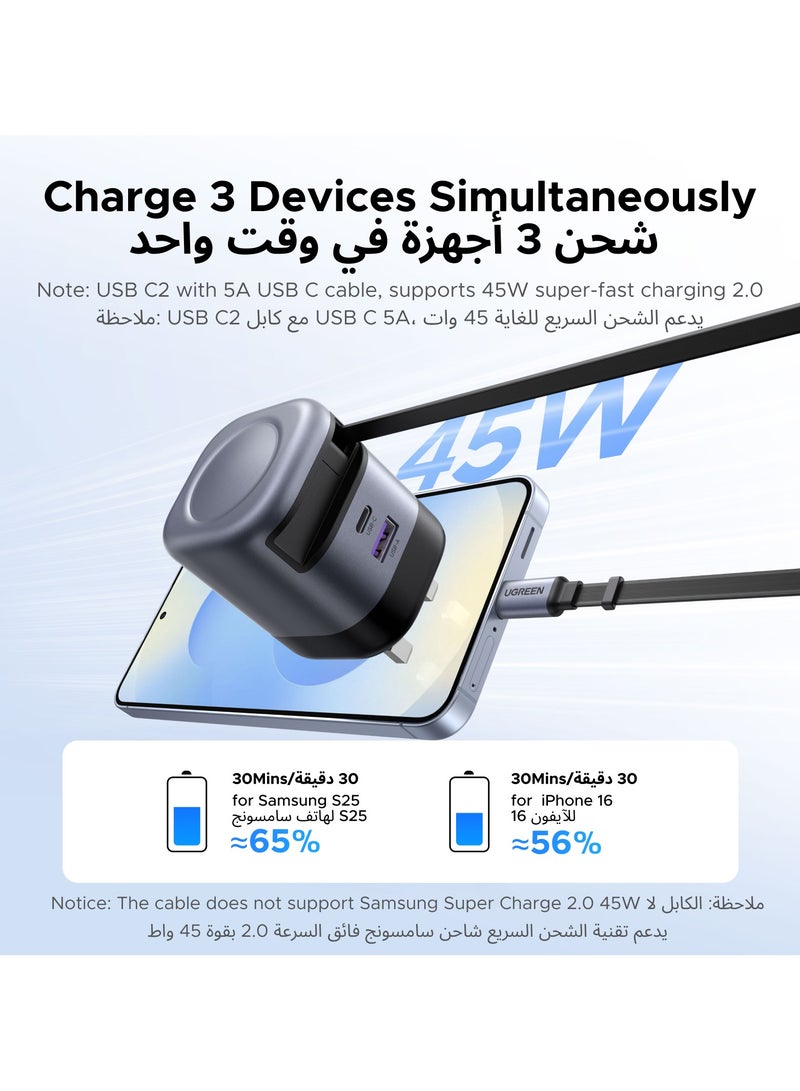 Nexode 45W Charger Samsung Type C Retractable With 0.69M 2C1A USB C Cable iPhone Fast and Safe Charging Cord High Temperature Protection Easy to Store and Keep Desk Tidy Perfect Partner for Outdoors grey