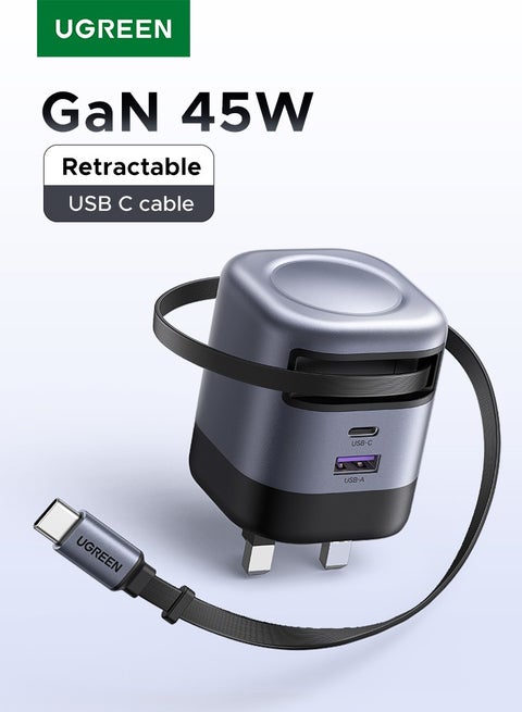 Nexode 45W Charger Samsung Type C Retractable With 0.69M 2C1A USB C Cable iPhone Fast and Safe Charging Cord High Temperature Protection Easy to Store and Keep Desk Tidy Perfect Partner for Outdoors grey