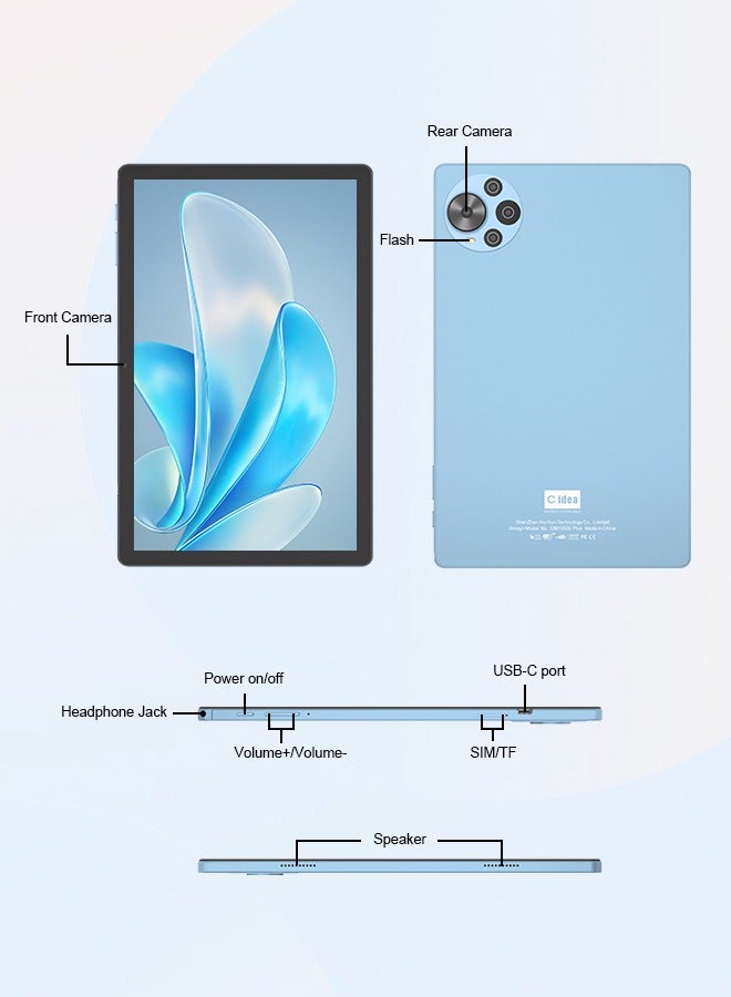 C Idea Tablet 10.5 Inch , WIFI Android Tablet Pc with SIM, 2K Screen Educational Tablet with keyboard and Mouse CM10500 Plus Blue