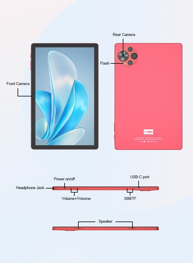 C Idea Tablet 10.5 Inch , WIFI Android Tablet Pc with SIM, 2K Screen Educational Tablet with keyboard and Mouse CM10500 Plus red