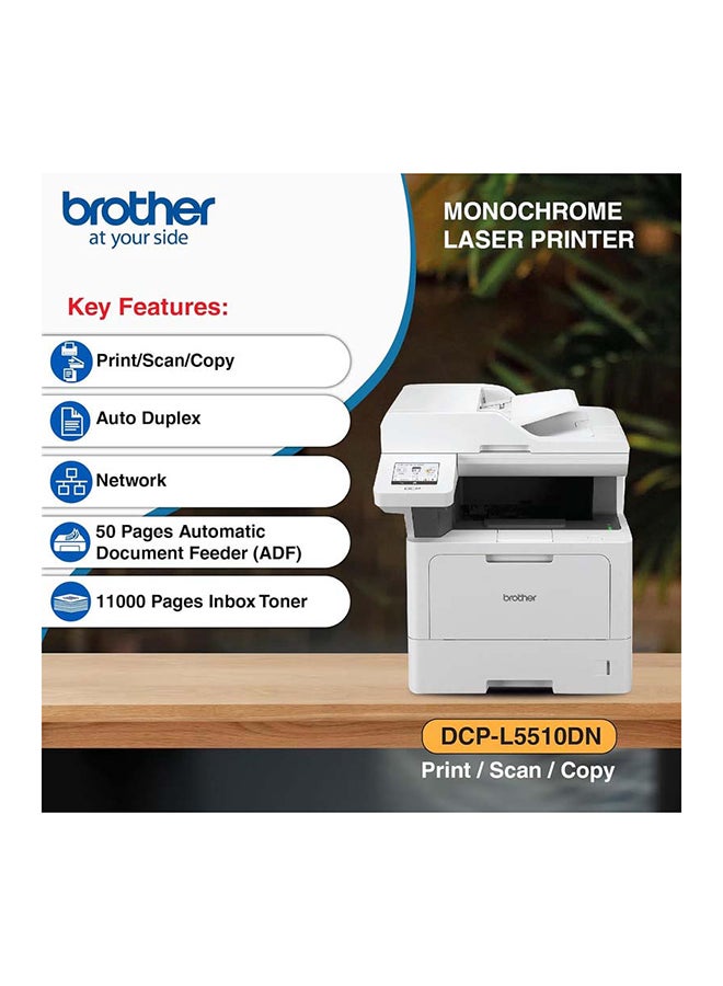 brother DCP-L5510DN 3-in-1 Network Mono Laser Printer |LED Printer| Auto 2-sided Print | 50 Sheets ADF | 8.9cm Touchscreen | Print,Scan,Copy | WiFi Network And USB - White  - Image 2