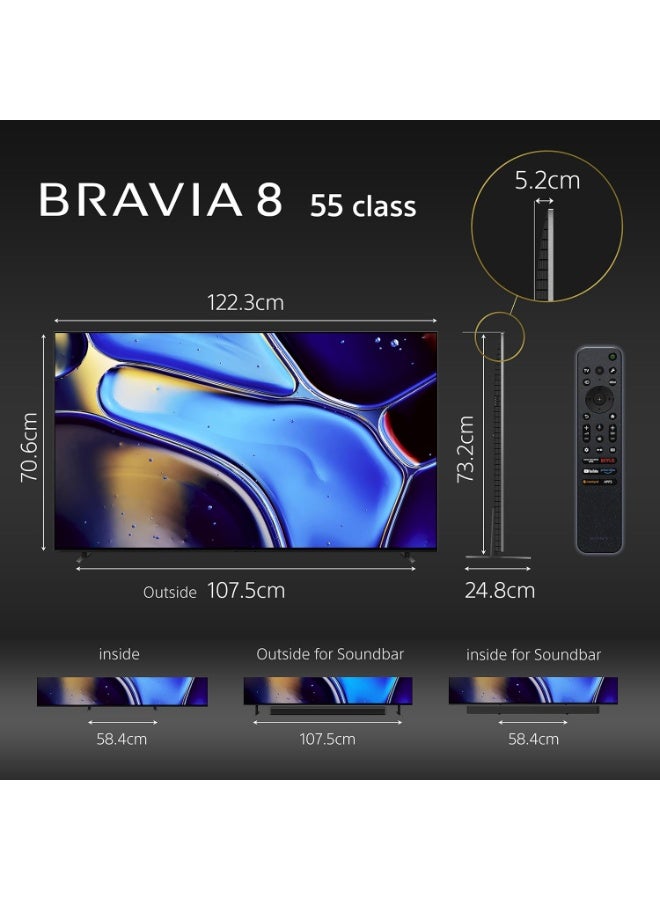 55 Inch BRAVIA 8 OLED 4K HDR Google TV (2024 Model) with XR Triluminos Pro, Dolby Vision & Atmos, IMAX Enhanced, XR OLED Motion, HDMI 2.1, Acoustic Surface Audio+, Chromecast, AirPlay – Smart TV K-55XR80 Black