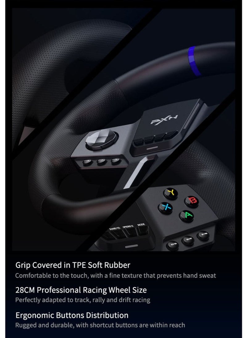 V9 GEN2 Racing Steering Wheel Bundle – 270° & 900° Dual-Mode Wheel, 3-Pedal Set (Hall Effect), 6+R Gear Shifter – Multi-Platform (PC/Xbox/PS4/Switch) – Dual Motor Vibration, Magnetic Encoder, RGB Lighting & Anti-Slip Base