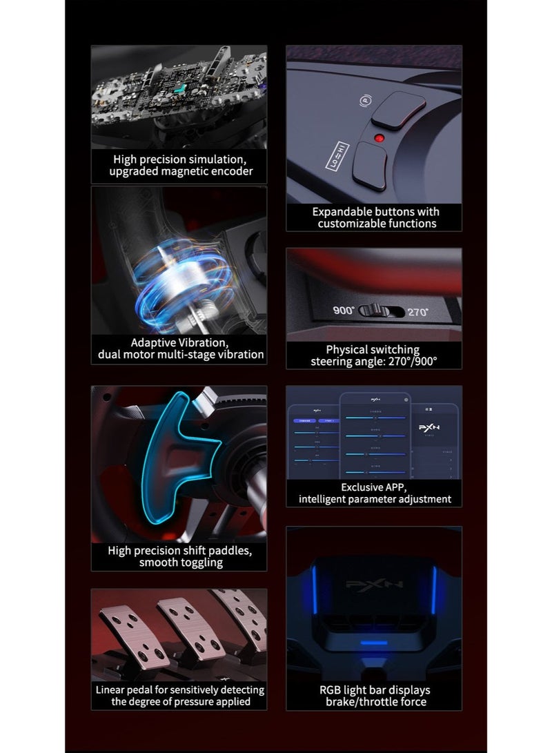 V9 GEN2 Racing Steering Wheel Bundle – 270° & 900° Dual-Mode Wheel, 3-Pedal Set (Hall Effect), 6+R Gear Shifter – Multi-Platform (PC/Xbox/PS4/Switch) – Dual Motor Vibration, Magnetic Encoder, RGB Lighting & Anti-Slip Base