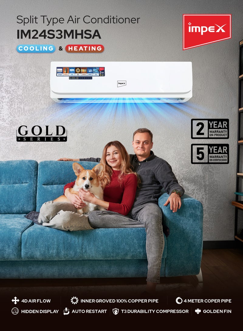 إمبكس 2 Ton Split Heating & Cooling Air Conditioner | 21000 BTU | 4D Air Flow | Turbo Cooling | 100% Copper Pipe | Hidden Display | R410A | T3 Compressor | Auto Restart | IM24S3MHSA IM24S3MHSA White  - Image 2