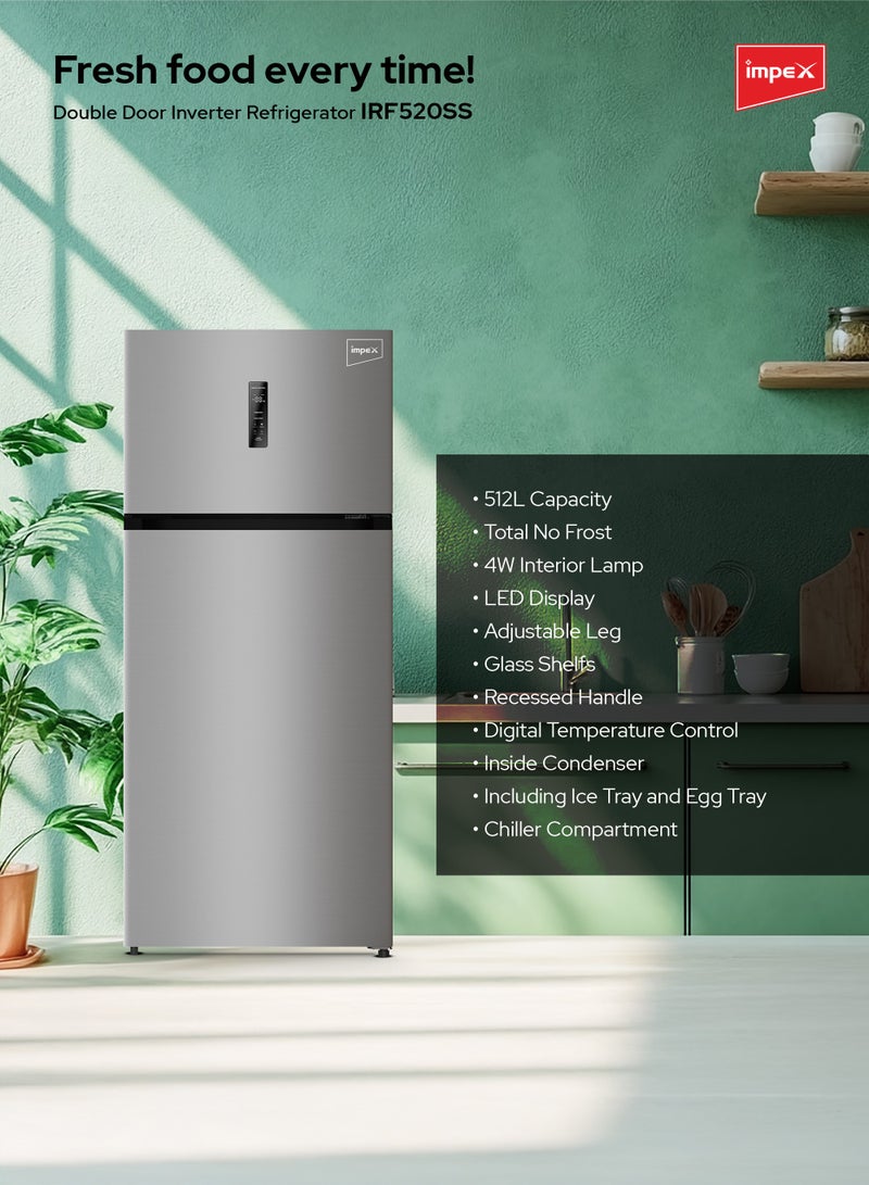 Double Door Inverter Refrigerator | 512L Capacity | Total No Frost | Digital Temp Control | Glass Shelves | Chiller Compartment | Fast Cooling | Inox Stainless Steel | IRF520SS 150 W IRF520SS Inox Stainless Steel