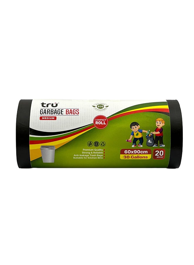 Tru Garbage Bags Roll Black 60x90cm 30 Gallon Medium (Kitchen bags) - 20 Bags Black  - Image 1
