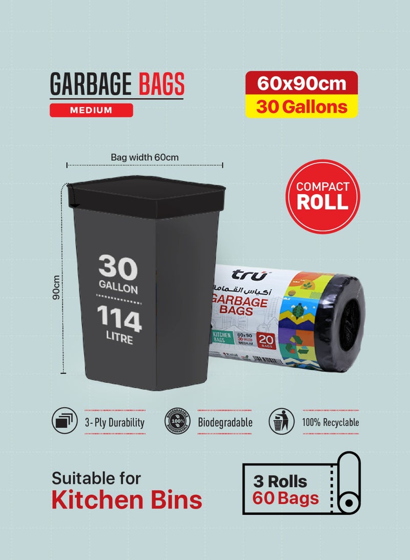 ترو عبوة من 3 - أكياس قمامة رول مضغوط أسود، 30 جالون، متوسط (سلة المطبخ)، 60x90 سم - 20 كيس × 3 - Image 4
