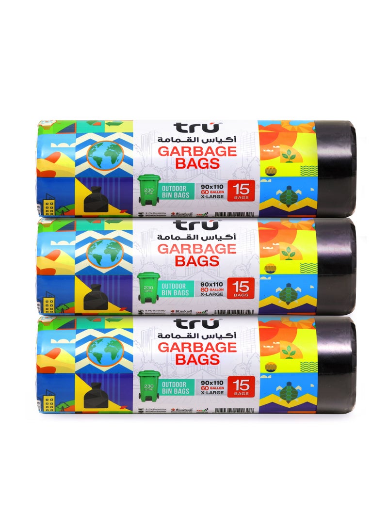 ترو عبوة من 3 - أكياس قمامة رول مضغوط أسود 60 جالون كبير جداً (أكياس حاويات الشارع)، 90x110 سم - 15 كيس × 3 - Image 1