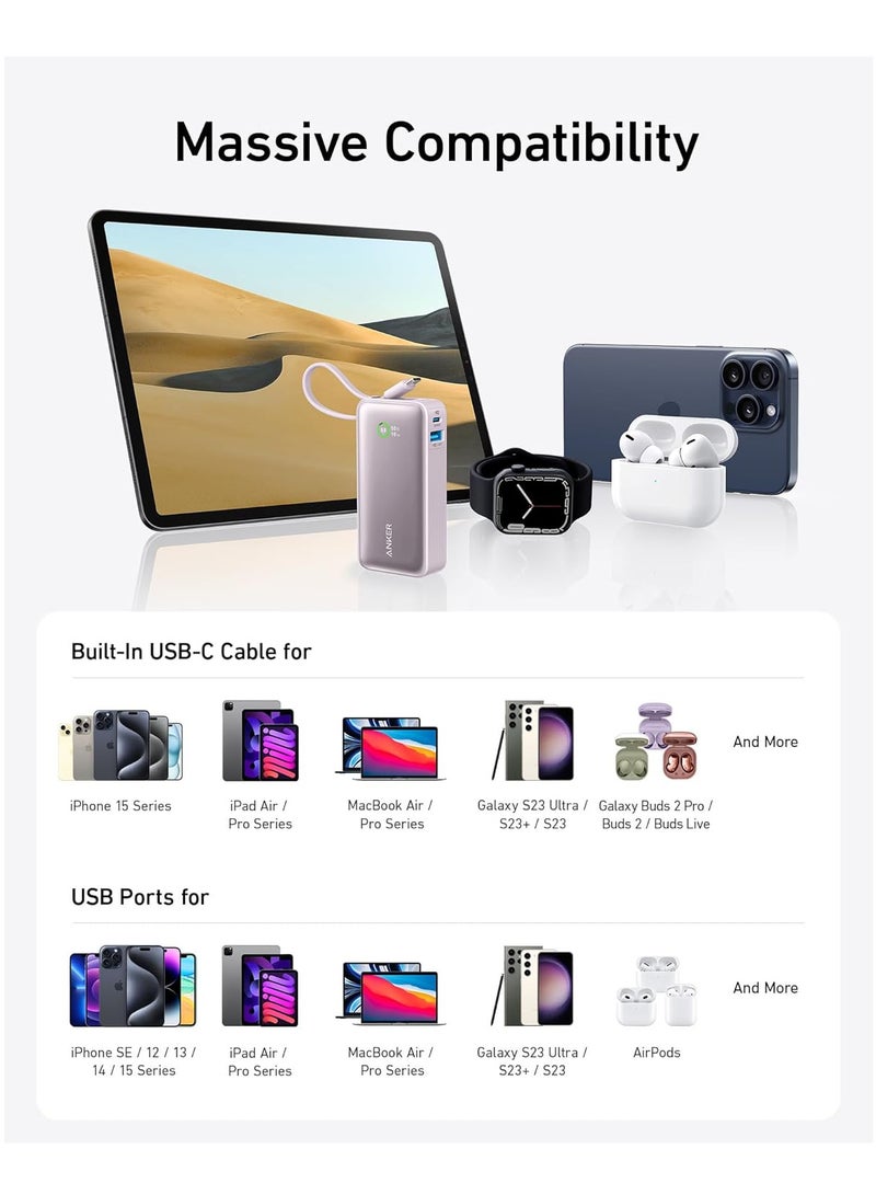 10000 mAh Nano Power Bank, 10,000mAh Portable Charger With Built-in USB-C Cable, 30W Recharging, 30W Max Output With 1 USB-C, 1 USB-A, For iPhone 16/15 Series, MacBook, Galaxy, AirPods - Purple