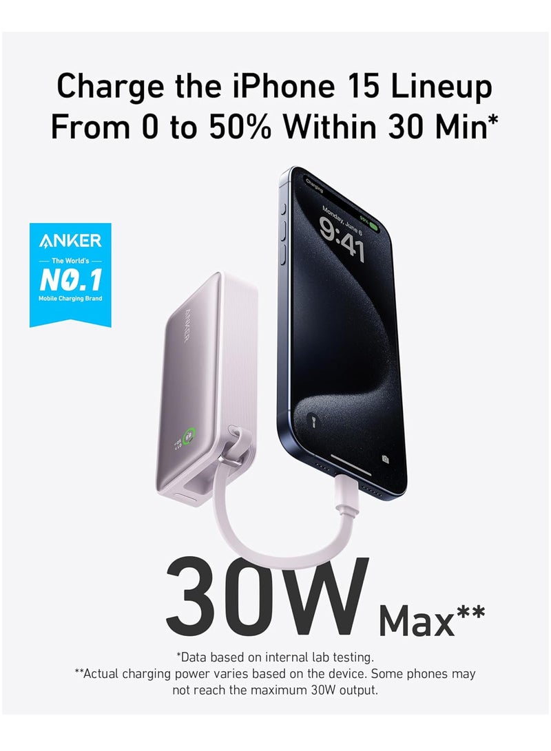 10000 mAh Nano Power Bank, 10,000mAh Portable Charger With Built-in USB-C Cable, 30W Recharging, 30W Max Output With 1 USB-C, 1 USB-A, For iPhone 16/15 Series, MacBook, Galaxy, AirPods - Purple