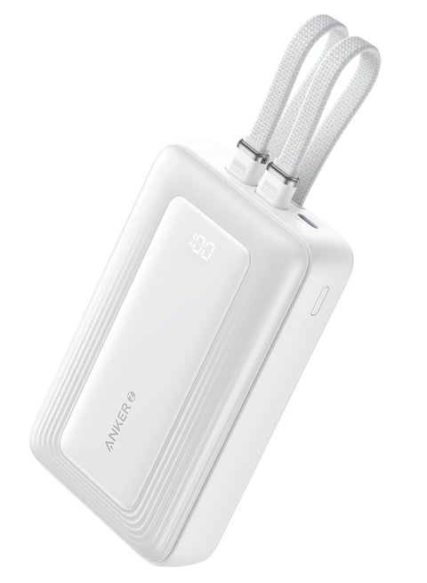20000 mAh Zolo Power Bank, Built-in Type-C and Lightning Cable, 30W Fast Charge, MFI Certified, Compact and Portable, Compatible with iPhone 11/12/13/14/15 and Samsung Series and Android - White