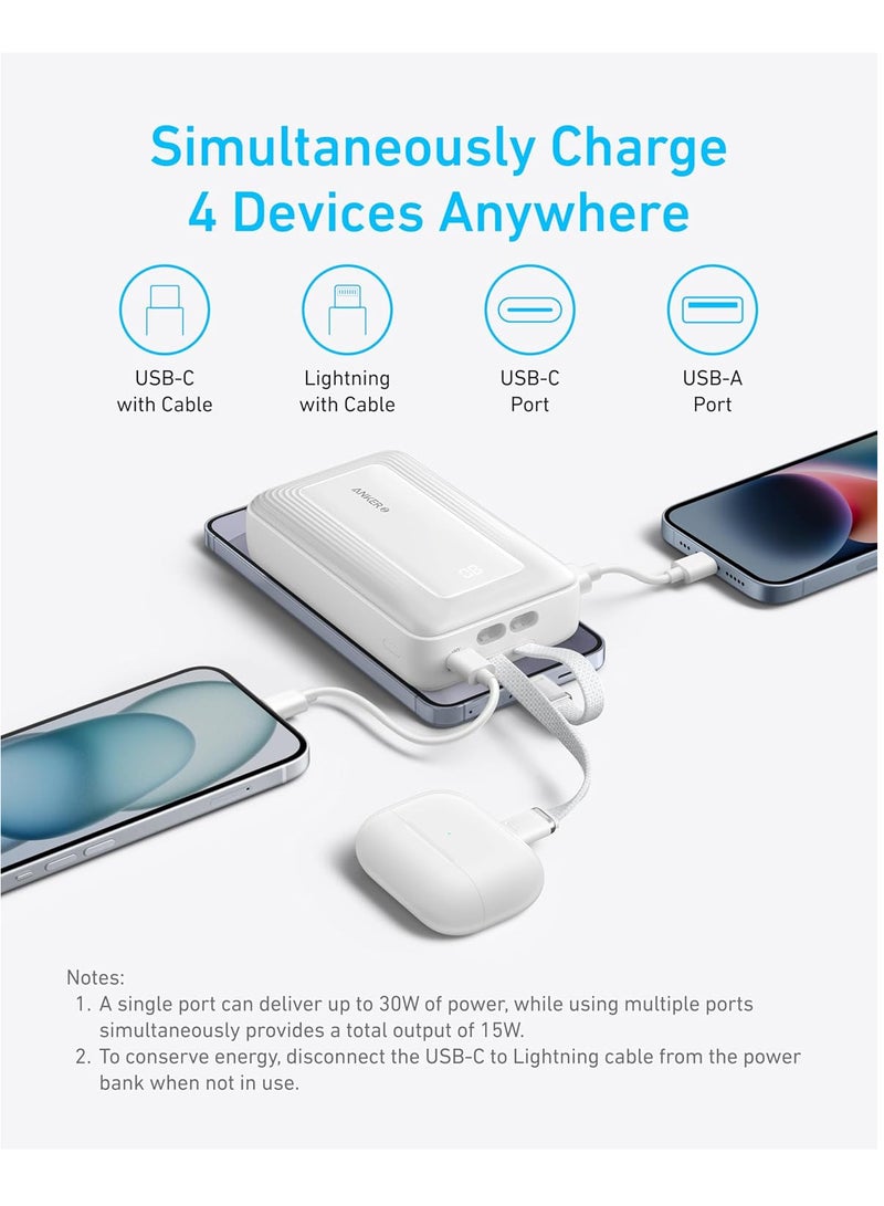 Anker - 20000 mAh Zolo Power Bank, Built-in Type-C and Lightning Cable, 30W Fast Charge, MFI Certified, Compact and Portable, Compatible with iPhone 11/12/13/14/15 and Samsung Series and Android - White - Image 1