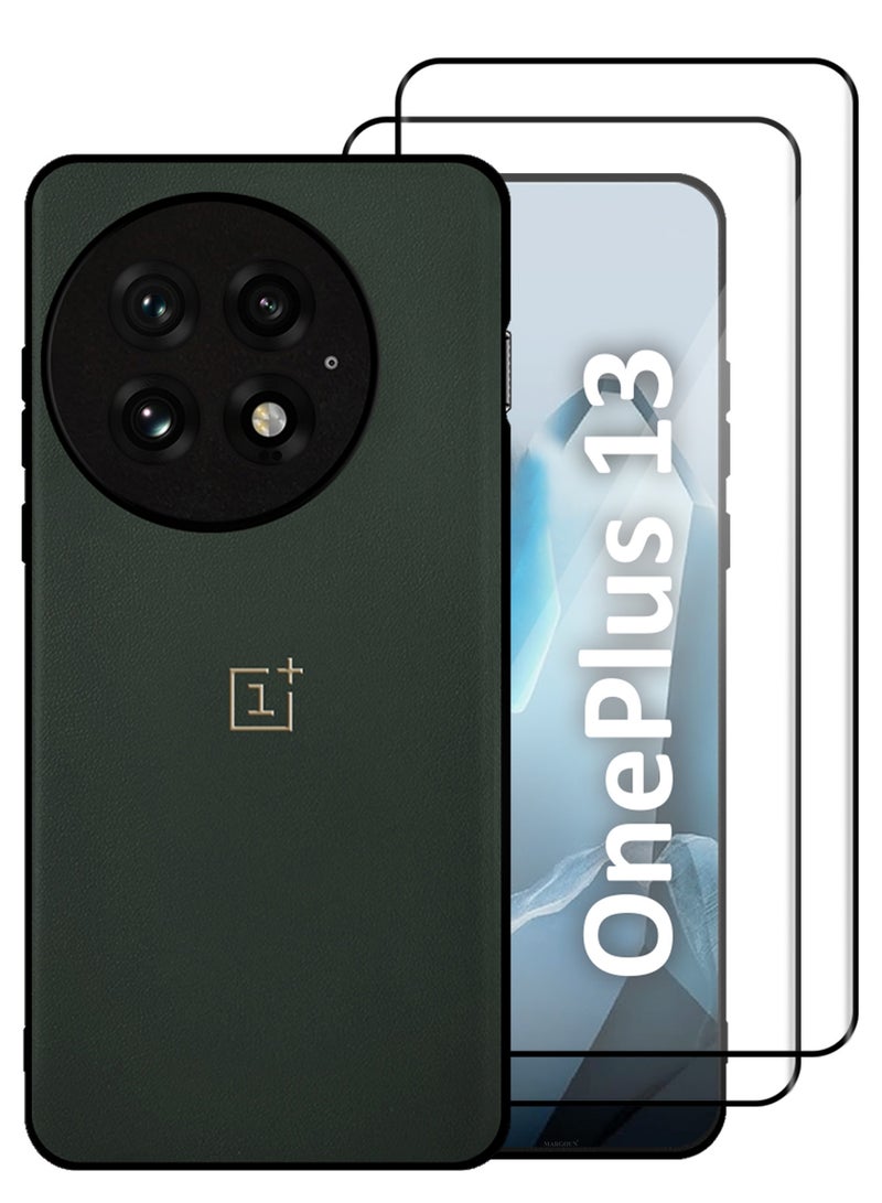 MARGOUN 3Packs Case Cover for OnePlus 13 Premium Leather, Elegant Protection, Quad-Camera Precision Cutout with Two 3D Shockproof Screen Protectors - Dark Green Dark Green-3  - Image 1