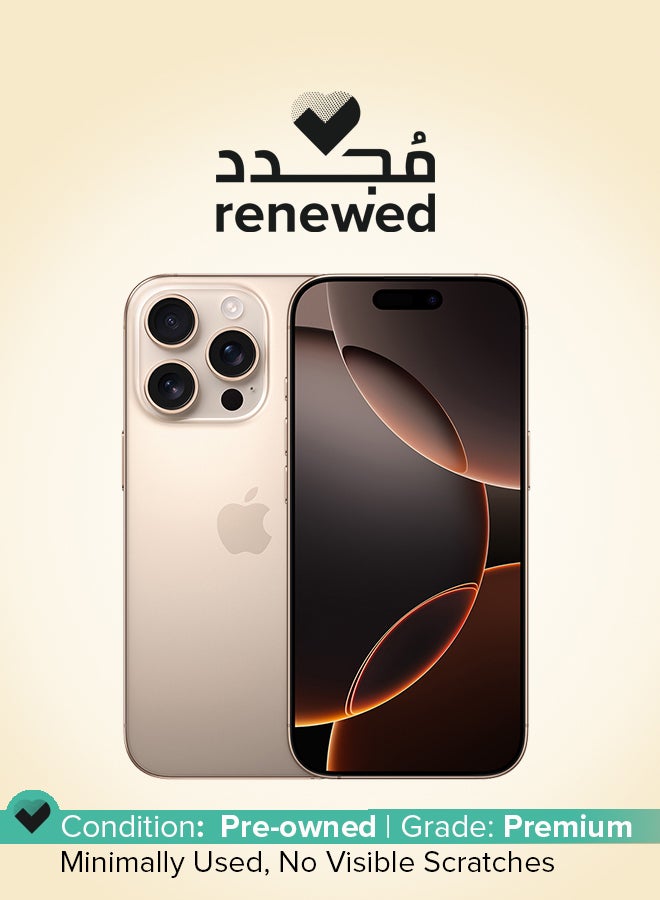 ابل  مجدد - آيفون 16 برو 128 جيجابايت تيتانيوم صحراوي 5G مع فيس تايم - النسخة الدولية - Image 1