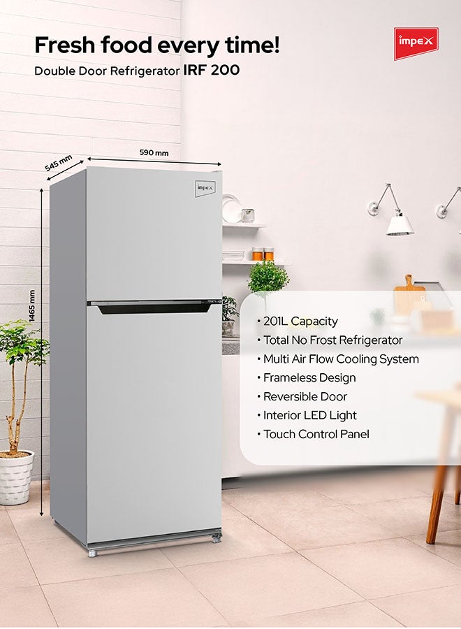 201L No Frost Double Door Refrigerator | Multi-Airflow Cooling System | Touch Control | Frameless Design | Reversible Door | LED Light | Eco-Friently | Large Capacity | IRF 200S Silver