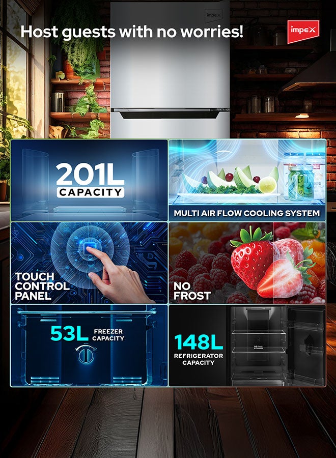 201L No Frost Double Door Refrigerator | Multi-Airflow Cooling System | Touch Control | Frameless Design | Reversible Door | LED Light | Eco-Friently | Large Capacity | IRF 200S Silver