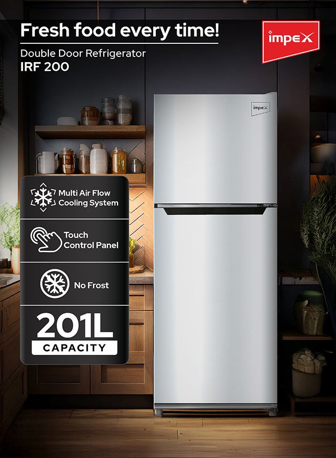 201L No Frost Double Door Refrigerator | Multi-Airflow Cooling System | Touch Control | Frameless Design | Reversible Door | LED Light | Eco-Friently | Large Capacity | IRF 200S Silver