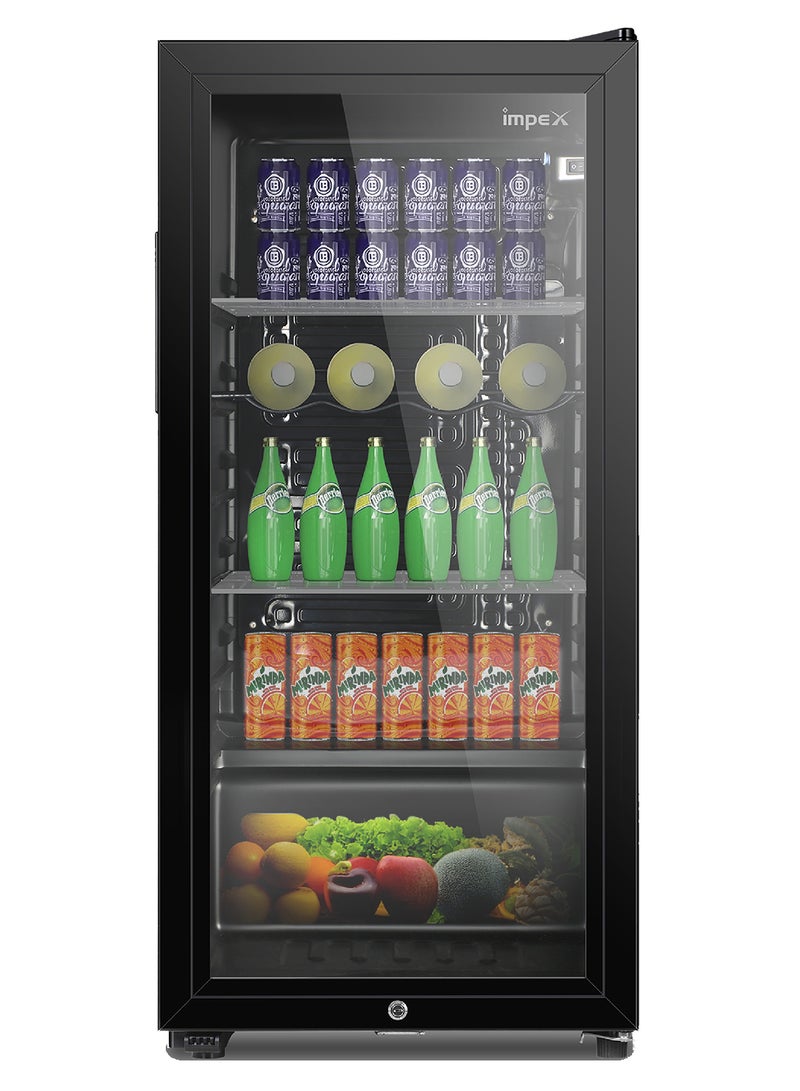 Impex Beverage Double Layer Glass Display Refrigerator 85L, Color Black - Fast Cooling, Energy-Saving, Low Noise, Child Safety Lock & Key, Adjustable Legs, Metal Shelf, Interior Lamp, Eco-Friendly 85 L 80 W IMBC 100 Black  - Image 1